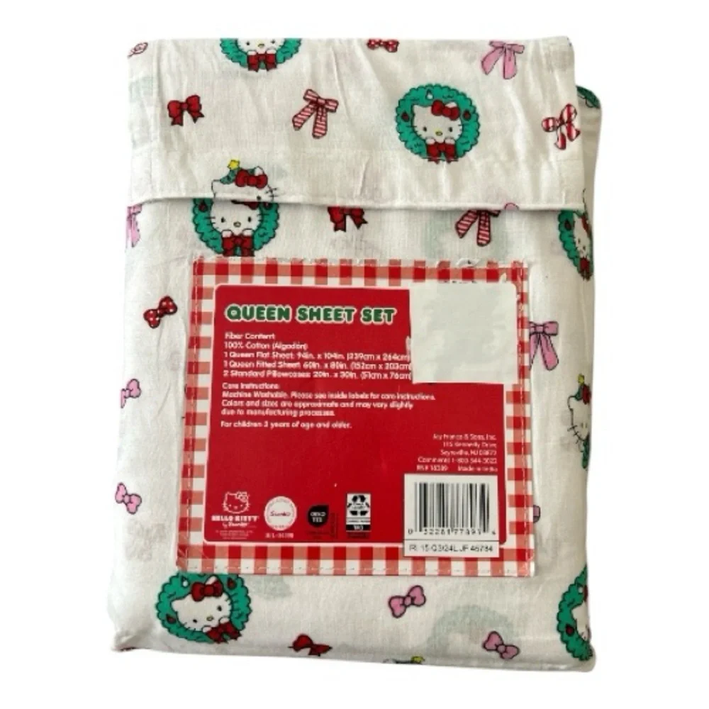 Sanrio Hello Kitty And Friends Queen Size Sheet Set Christmas Wreaths NEW